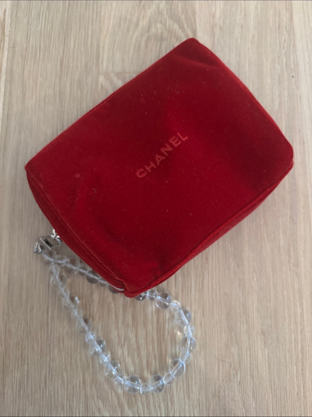 CHANEL Red Velvet Wristlet with Clear Chain Makeup Gift VIP